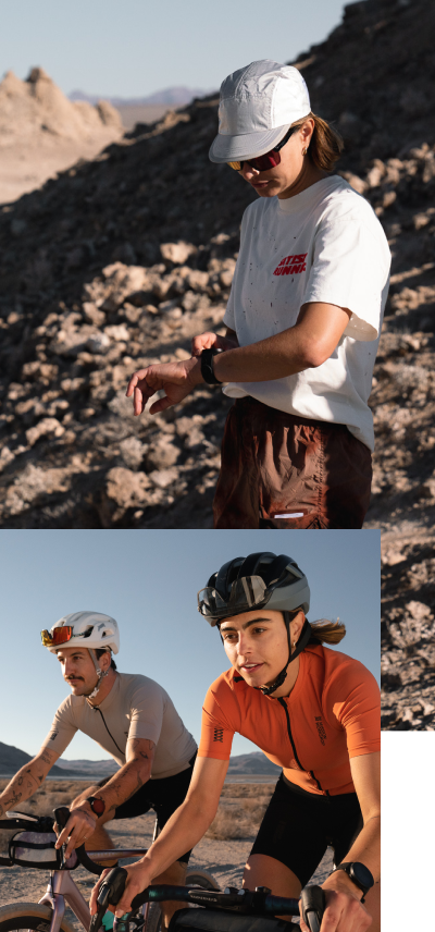 Female runner reviewing data on Suunto watch in desert; Male and Female closeup riding gravel bikes
